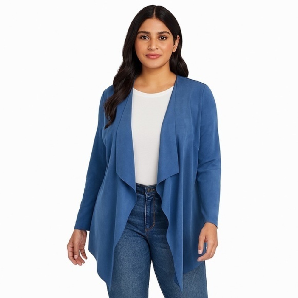 Soft Surroundings Blue Suede Feel Waterfall Cardigan Size L Fall Winter Draped